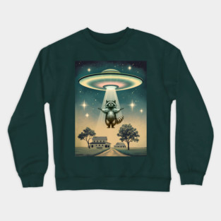 UFO Flying Saucer Abducting Raccoon, funny alien racoon Crewneck Sweatshirt