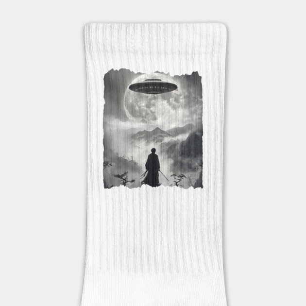 Samurai Watching UFO Arrive, Vintage Japanese Ukiyo-e design by Luxinda