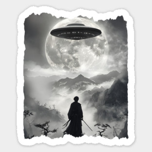 Samurai Watching UFO Arrive, Vintage Japanese Ukiyo-e design Sticker