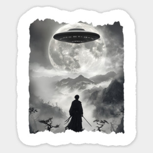Samurai Watching UFO Arrive, Vintage Japanese Ukiyo-e design Magnet
