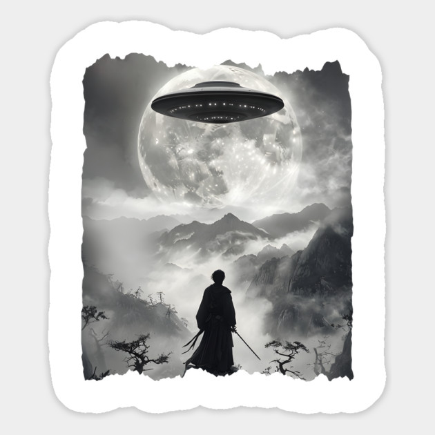 Samurai Watching UFO Arrive, Vintage Japanese Ukiyo-e design Magnet by Luxinda