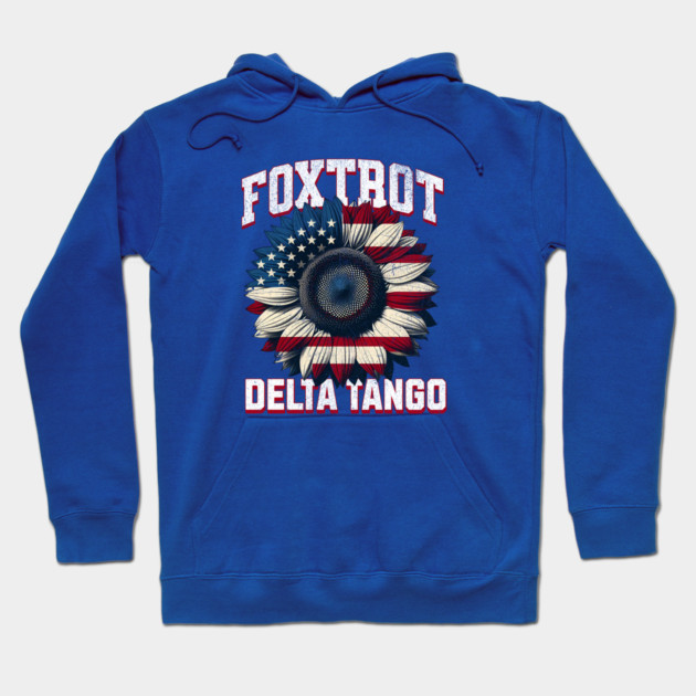 Foxtrot Delta Tango – Funny Patriotic Sunflower USA Flag Retro Hoodie by ArtistTee ⭐⭐⭐⭐⭐