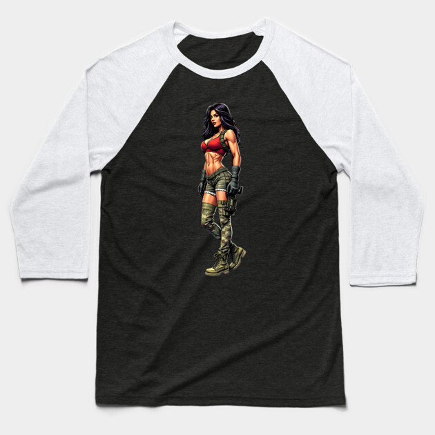 Latina Señorita with Gun Baseball T-Shirt by animegirlnft