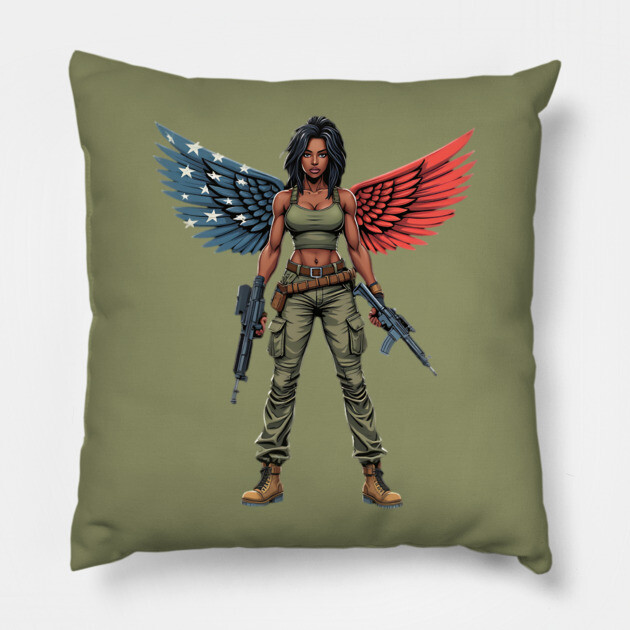 Black American Military Angel with Gun Pillow by animegirlnft