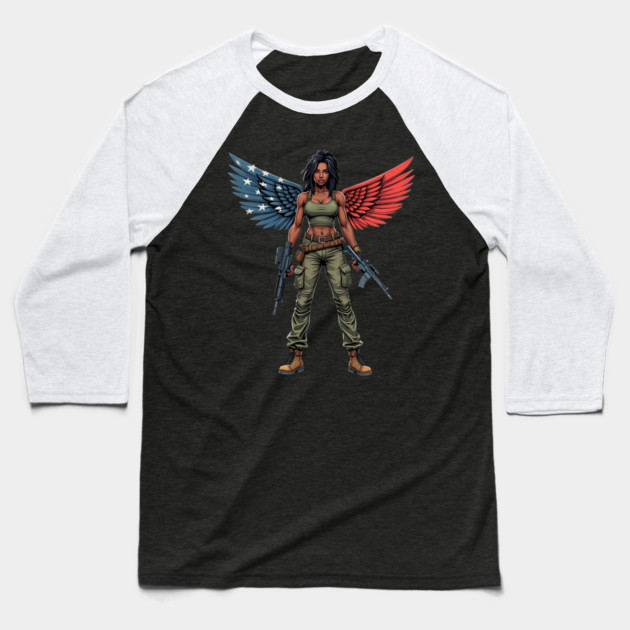 Black American Military Angel with Gun Baseball T-Shirt by animegirlnft