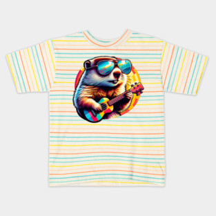 Groovy Groundhog Playing Ukulele fun colorful design Kids T-Shirt