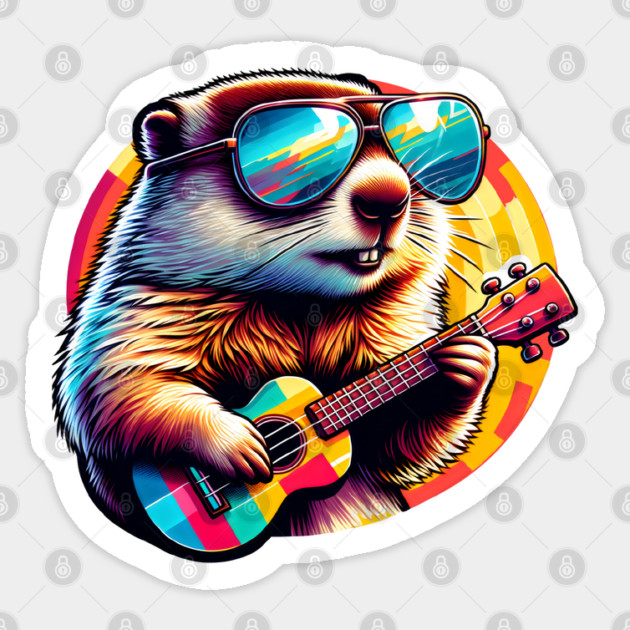 Groovy Groundhog Playing Ukulele fun colorful design Sticker by Luxinda