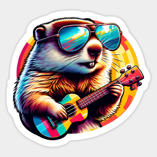 Groovy Groundhog Playing Ukulele fun colorful design Magnet by Luxinda
