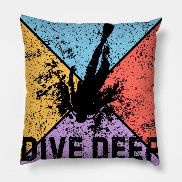 Dive Deep Retro Scuba Pop Art – Grunge Ocean Aesthetic Pillow by TuncGK