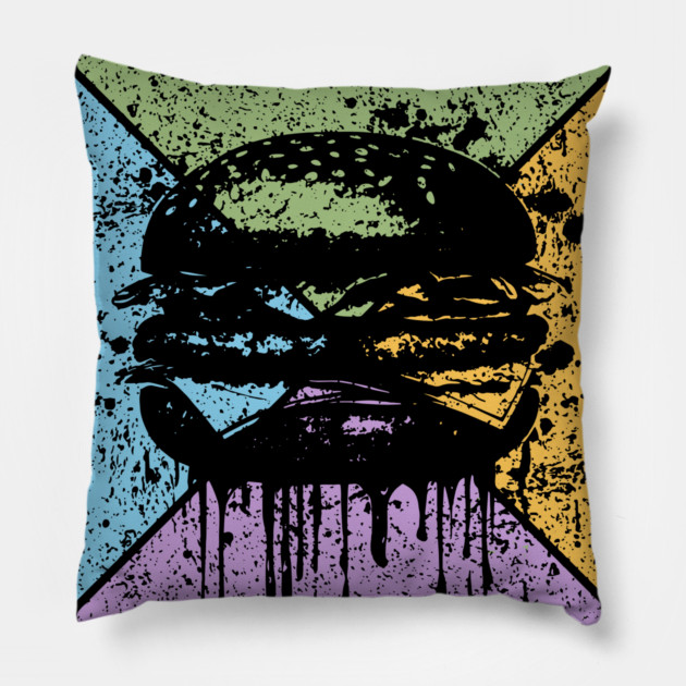 Dripping Hamburger Retro Pop Art – Grunge Fast Food Aesthetic Pillow by TuncGK