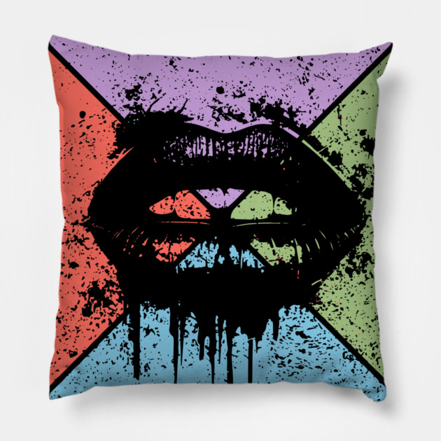 Dripping Lips Grunge Pop Art – Bold Retro Kiss Design Pillow by TuncGK