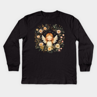 Ethereal Angel Art – Whimsical Boho Guardian Angel Illustration Kids Long Sleeve T-Shirt