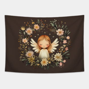 Ethereal Angel Art – Whimsical Boho Guardian Angel Illustration Tapestry