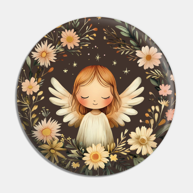 Ethereal Angel Art – Whimsical Boho Guardian Angel Illustration Pin by TuncGK