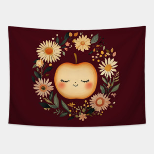 Cute Kawaii Apple – Whimsical Autumn Cottagecore Art Tapestry