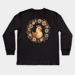 Rustic Chicken Illustration – Cozy Farmhouse Cottagecore Art Kids Long Sleeve T-Shirt