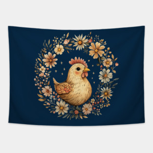 Rustic Chicken Illustration – Cozy Farmhouse Cottagecore Art Tapestry
