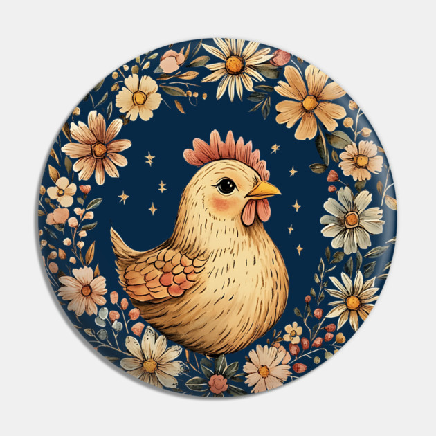 Rustic Chicken Illustration – Cozy Farmhouse Cottagecore Art Pin by TuncGK