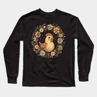 Rustic Chicken Illustration – Cozy Farmhouse Cottagecore Art Long Sleeve T-Shirt