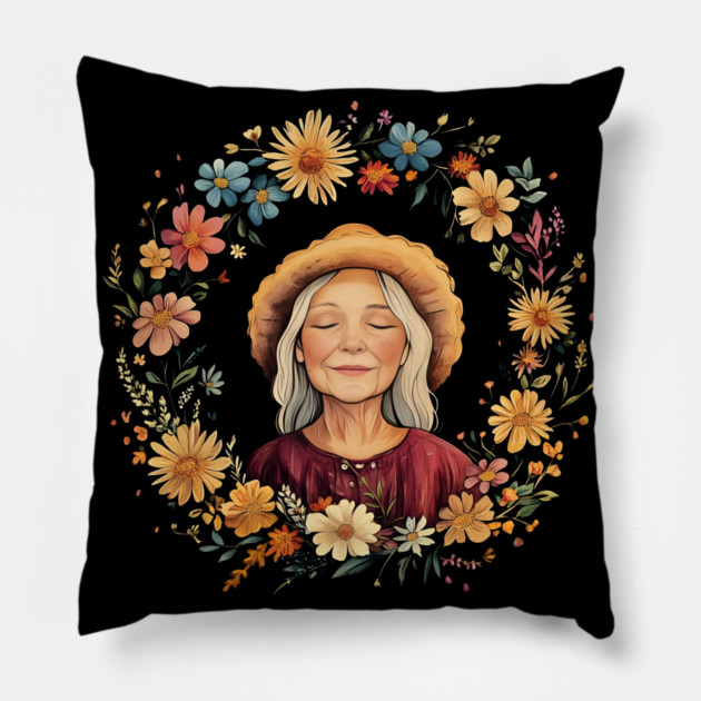 Wholesome Grandma Art – Cozy Nostalgic Family Illustration Pillow by TuncGK