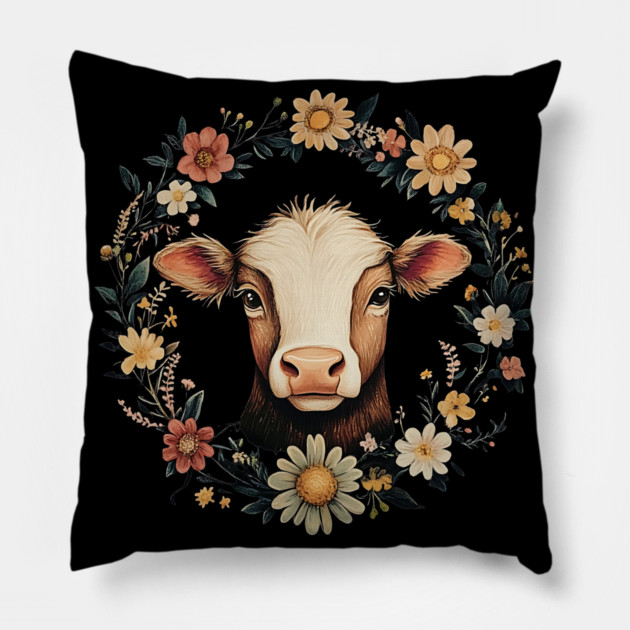 Adorable Cow Portrait – Cozy Farmhouse Animal Illustration Pillow by TuncGK