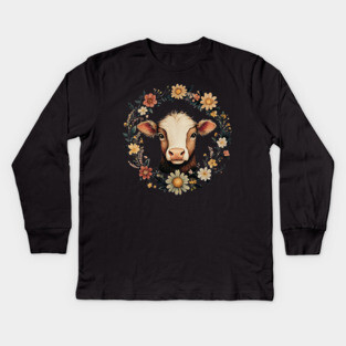 Adorable Cow Portrait – Cozy Farmhouse Animal Illustration Kids Long Sleeve T-Shirt