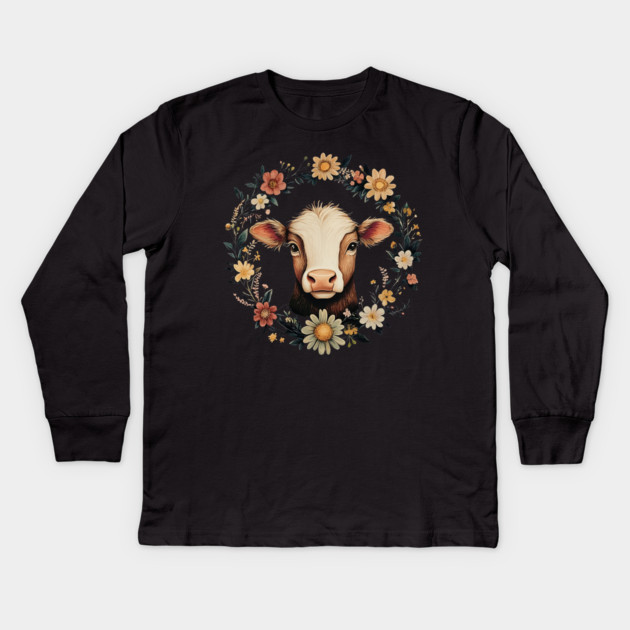 Adorable Cow Portrait – Cozy Farmhouse Animal Illustration Kids Long Sleeve T-Shirt by TuncGK