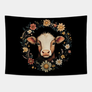 Adorable Cow Portrait – Cozy Farmhouse Animal Illustration Tapestry