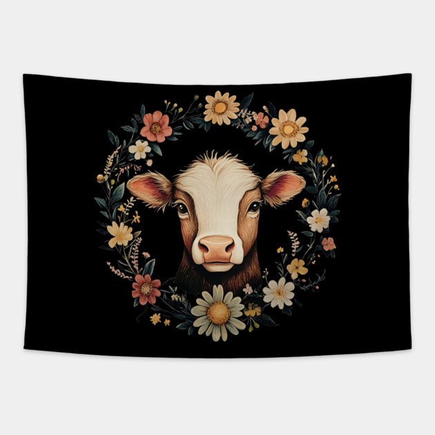 Adorable Cow Portrait – Cozy Farmhouse Animal Illustration Tapestry by TuncGK