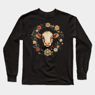 Adorable Cow Portrait – Cozy Farmhouse Animal Illustration Long Sleeve T-Shirt