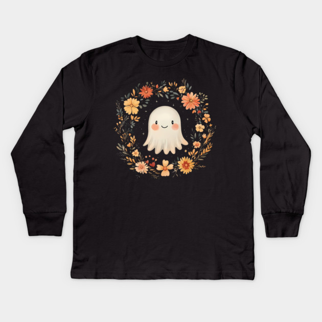 Cute Ghost Illustration – Spooky Minimalist Halloween Art Kids Long Sleeve T-Shirt by TuncGK