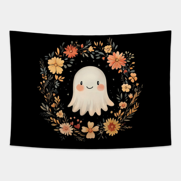 Cute Ghost Illustration – Spooky Minimalist Halloween Art Tapestry by TuncGK