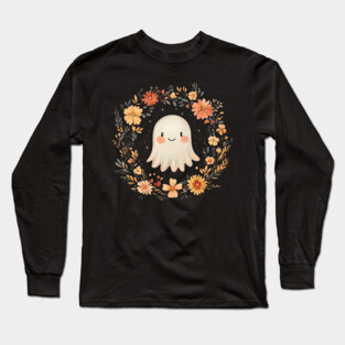 Cute Ghost Illustration – Spooky Minimalist Halloween Art Long Sleeve T-Shirt