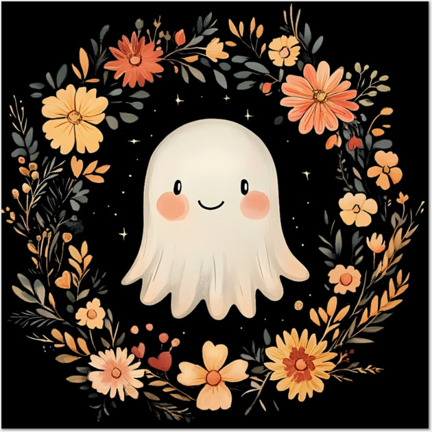 Cute Ghost Illustration – Spooky Minimalist Halloween Art Wall Art by TuncGK