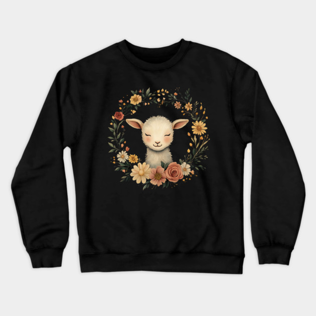 Sweet Lamb Illustration – Gentle Pastoral Animal Art Crewneck Sweatshirt by TuncGK