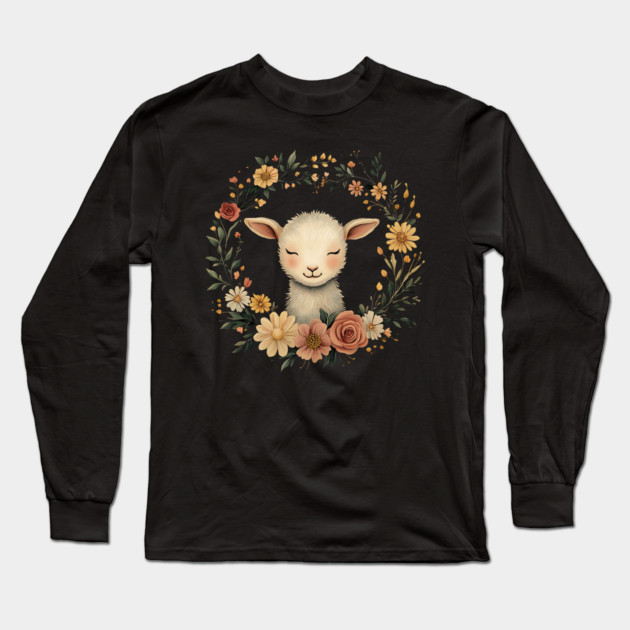 Sweet Lamb Illustration – Gentle Pastoral Animal Art Long Sleeve T-Shirt by TuncGK