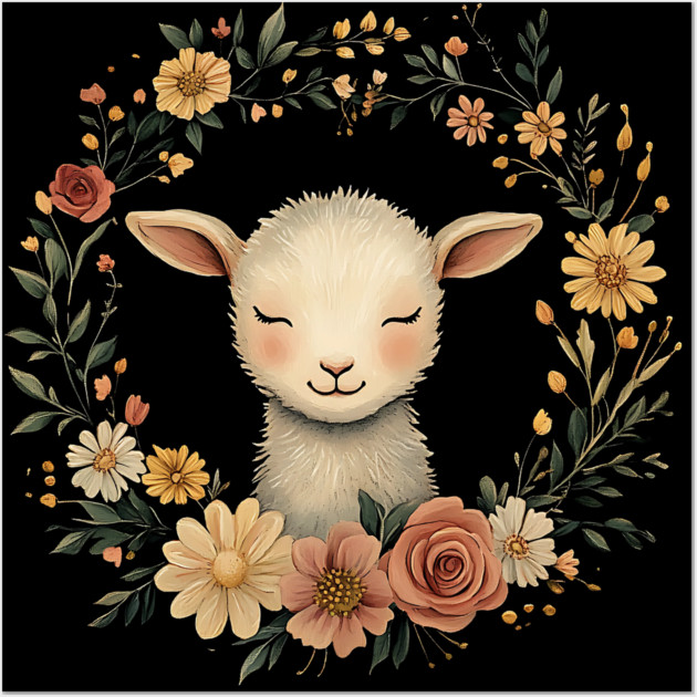 Sweet Lamb Illustration – Gentle Pastoral Animal Art Wall Art by TuncGK