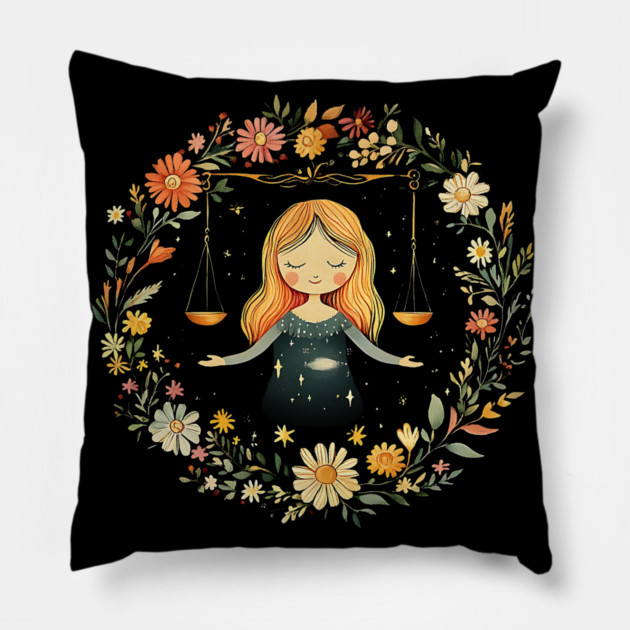 Libra Zodiac Art – Elegant Astrology & Balance Illustration Pillow by TuncGK
