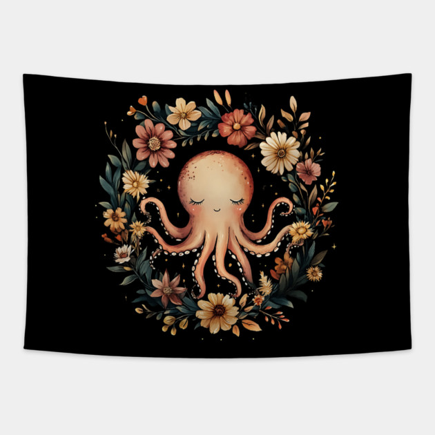 Enchanted Octopus Art – Mystical Deep Sea Creature Illustration Tapestry by TuncGK