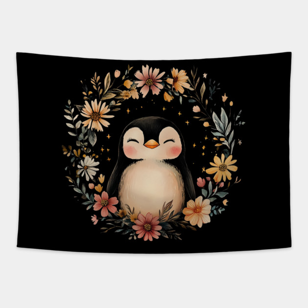 Cozy Penguin Illustration – Cute Arctic Animal Art Tapestry by TuncGK