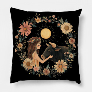 Taurus Zodiac Illustration – Earth Sign Astrology Art Pillow