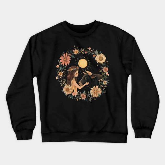 Taurus Zodiac Illustration – Earth Sign Astrology Art Crewneck Sweatshirt by TuncGK