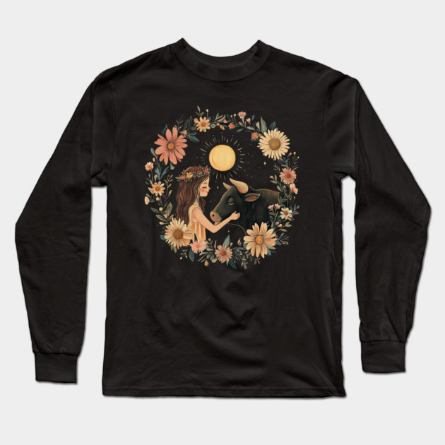 Taurus Zodiac Illustration – Earth Sign Astrology Art Long Sleeve T-Shirt by TuncGK