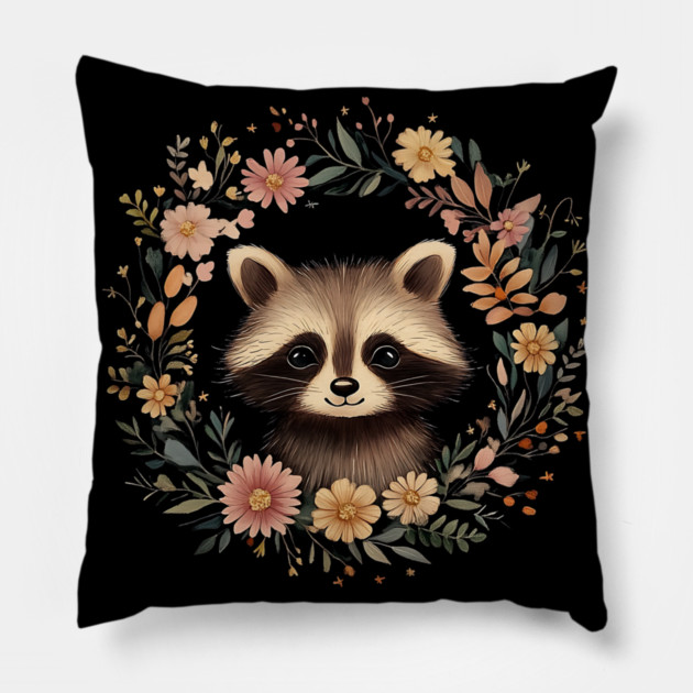 Adorable Raccoon Art – Whimsical Woodland Bandit Illustration Pillow by TuncGK