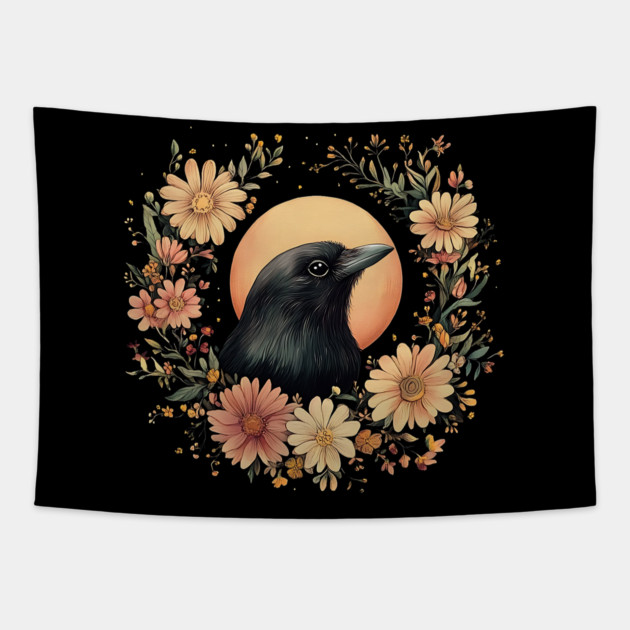 Enigmatic Raven Art – Mysterious Gothic Bird Illustration Tapestry by TuncGK