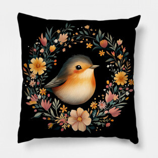 Cheerful Robin Bird Art – Symbolic & Whimsical Nature Illustration Pillow