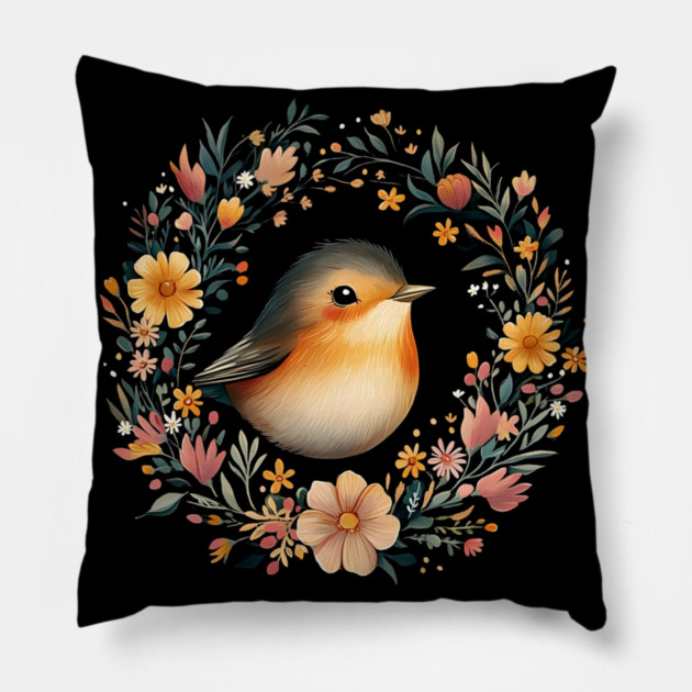 Cheerful Robin Bird Art – Symbolic & Whimsical Nature Illustration Pillow by TuncGK