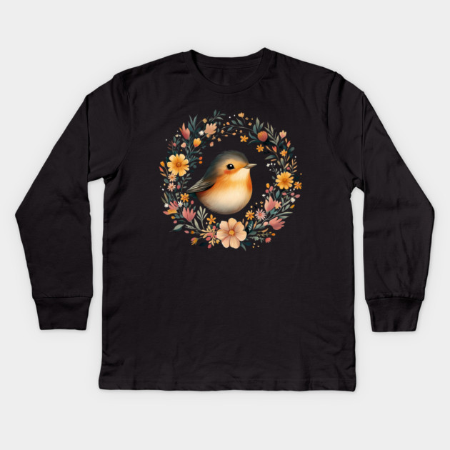 Cheerful Robin Bird Art – Symbolic & Whimsical Nature Illustration Kids Long Sleeve T-Shirt by TuncGK