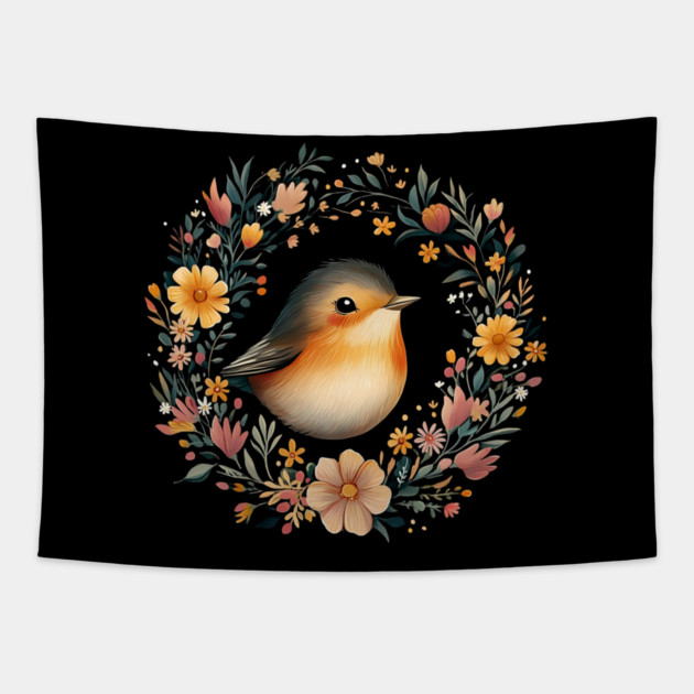 Cheerful Robin Bird Art – Symbolic & Whimsical Nature Illustration Tapestry by TuncGK