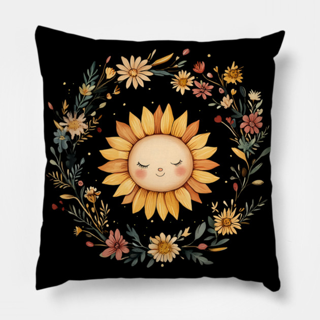 Radiant Sunflower Art – Cheerful Nature-Inspired Illustration Pillow by TuncGK
